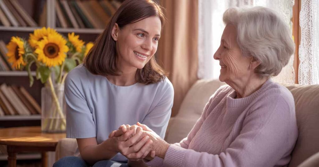 Cuidadora segurando a mão de um idoso em casa, transmitindo acolhimento e confiança